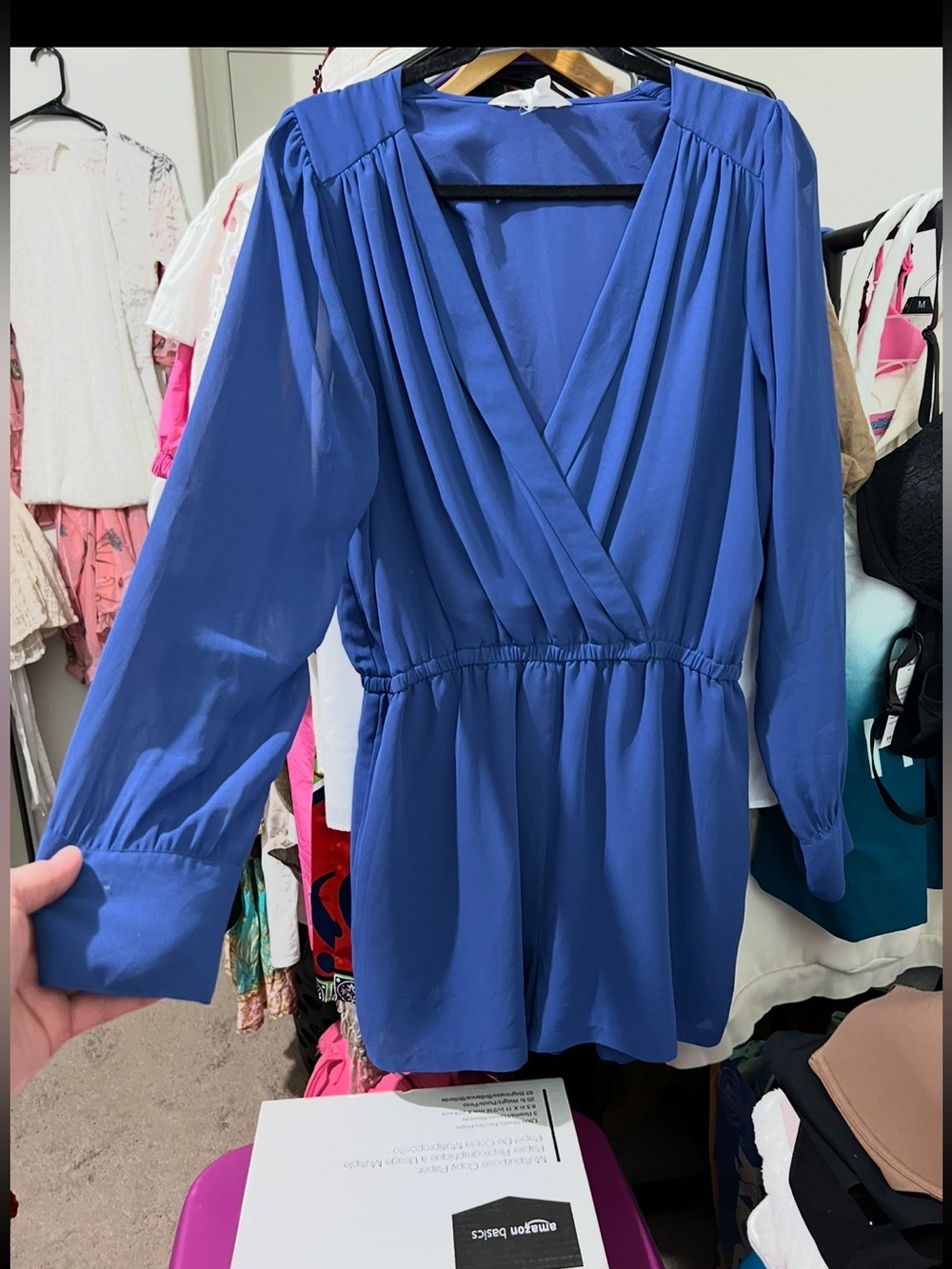BCBGeneration Cobalt Blue V-Neck Long Sleeve Romper